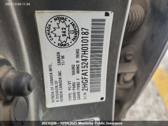 Продажа на аукционе авто 2007 Honda Civic Dx, vin: 2HGFA15247H010187, номер лота: 20236230