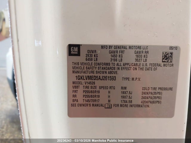 Aukcja sprzedaży 2010 Gmc Acadia Slt, vin: 1GKLVMED5AJ261593, numer aukcji: 20236243