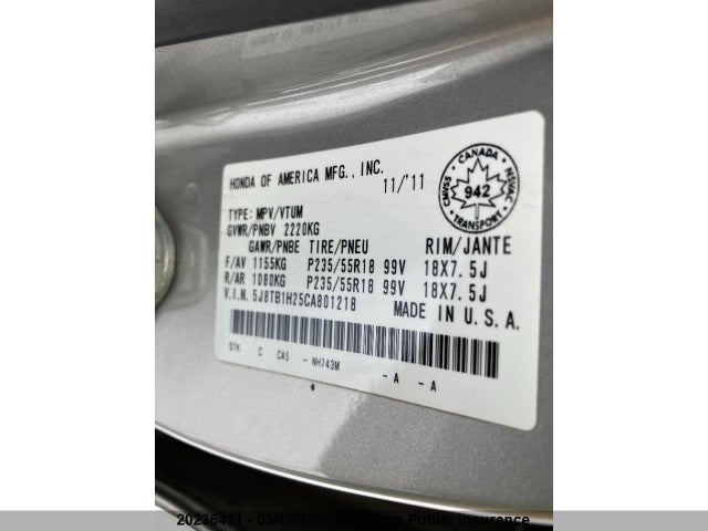 2012 Acura Rdx მანქანა იყიდება აუქციონზე, vin: 5J8TB1H25CA801218, აუქციონის ნომერი: 20236451