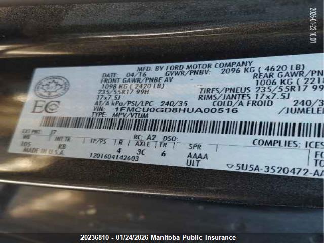 1FMCU0GD8HUA00516 Ford ESCAPE SE