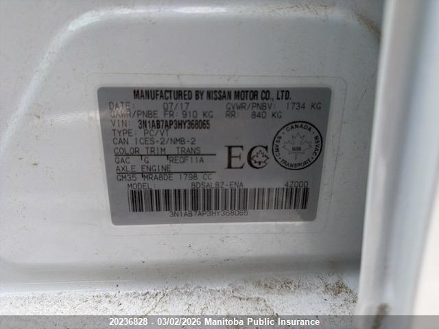 3N1AB7AP3HY368065 Nissan Sentra 1.8 S