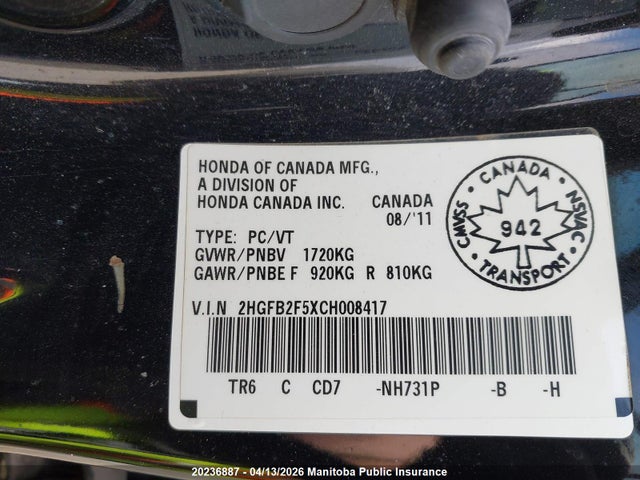 Aukcja sprzedaży 2012 Honda Civic Ex, vin: 2HGFB2F5XCH008417, numer aukcji: 20236887
