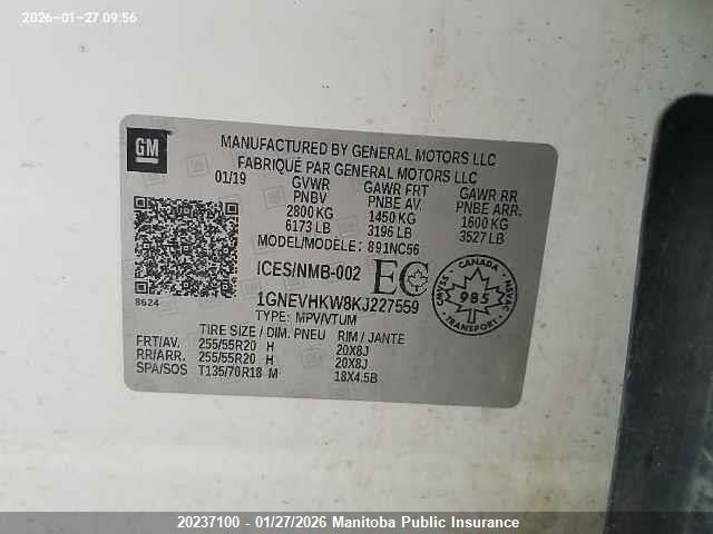 1GNEVHKW8KJ227559 Chevrolet Traverse Lt