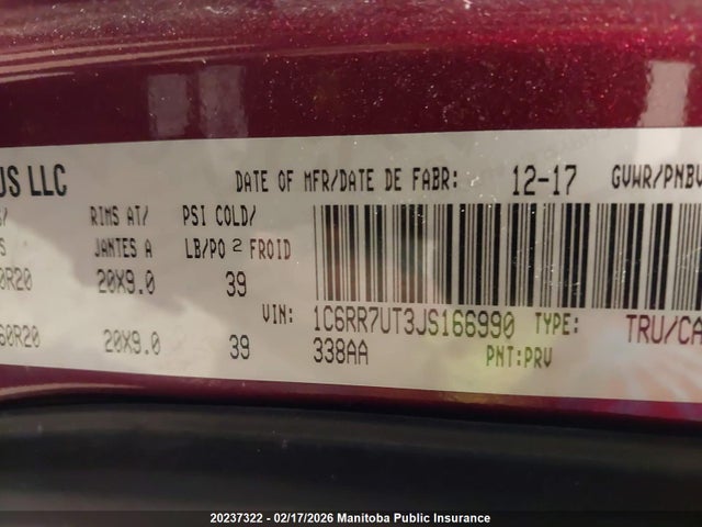 1C6RR7UT3JS166990 Dodge Ram 1500 Sport Crew Cab