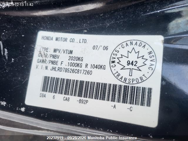 Aukcja sprzedaży 2006 Honda Cr-v Lx, vin: JHLRD78526C817260, numer aukcji: 20237519