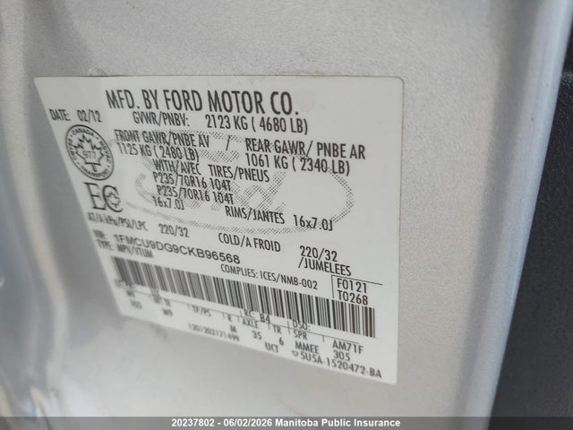 Aukcja sprzedaży 2012 Ford Escape Xlt V6, vin: 1FMCU9DG9CKB96568, numer aukcji: 20237802