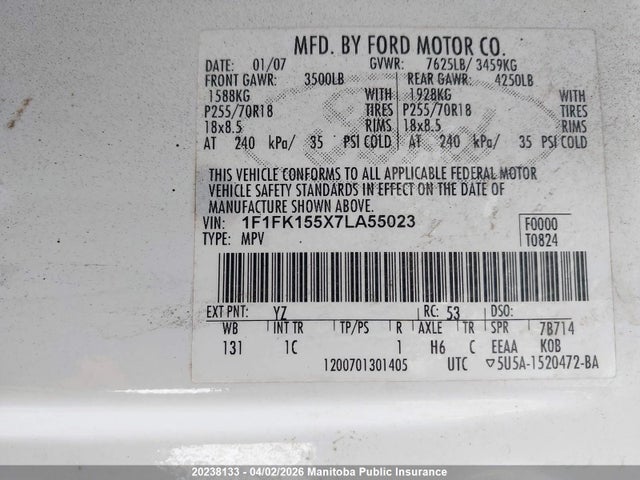 Продаж на аукціоні авто 2007 Ford Expedition El Xlt, vin: 1F1FK155X7LA55023, номер лоту: 20238133