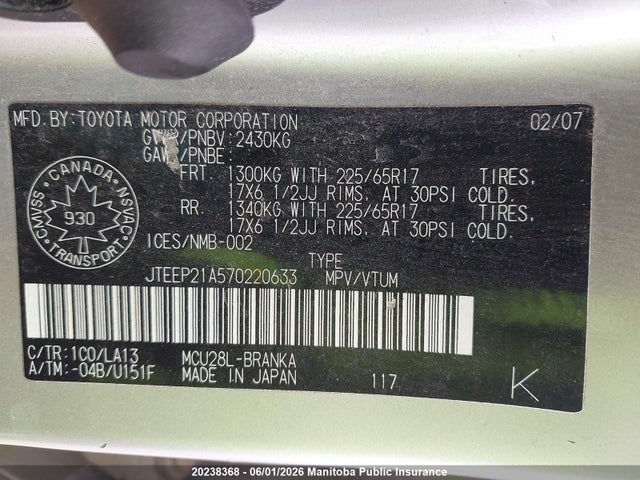 Aukcja sprzedaży 2007 Toyota Highlander Limited V6, vin: JTEEP21A570220633, numer aukcji: 20238368