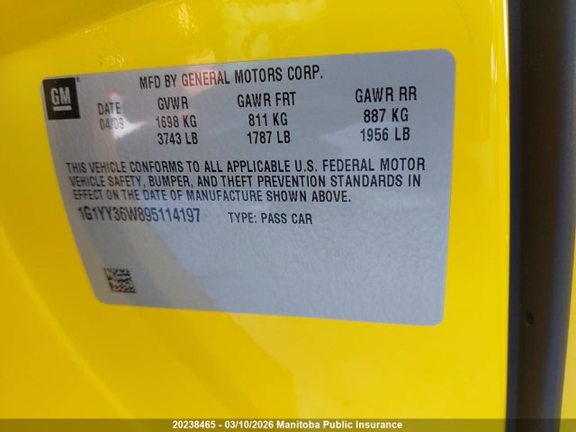 20238465 :رقم المزاد ، 1G1YY36W895114197 vin ، 2009 Chevrolet Corvette مزاد بيع