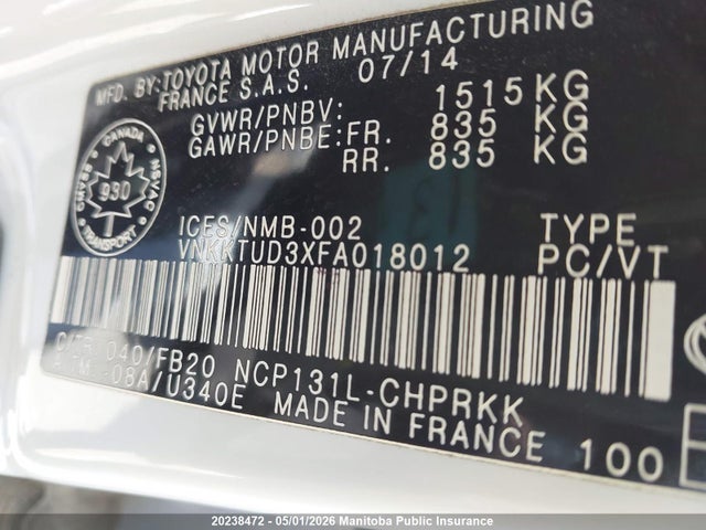 2015 Toyota Yaris Le მანქანა იყიდება აუქციონზე, vin: VNKKTUD3XFA018012, აუქციონის ნომერი: 20238472