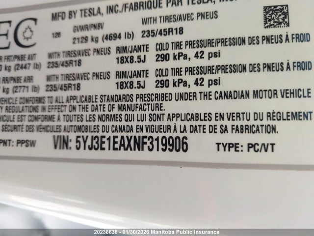 5YJ3E1EAXNF319906 Tesla Model 3 Standard Range Plus 50