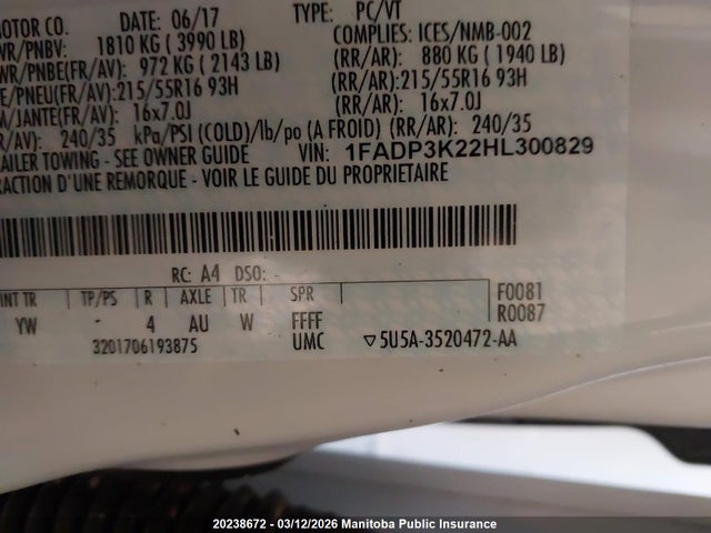 1FADP3K22HL300829 Ford FOCUS SE