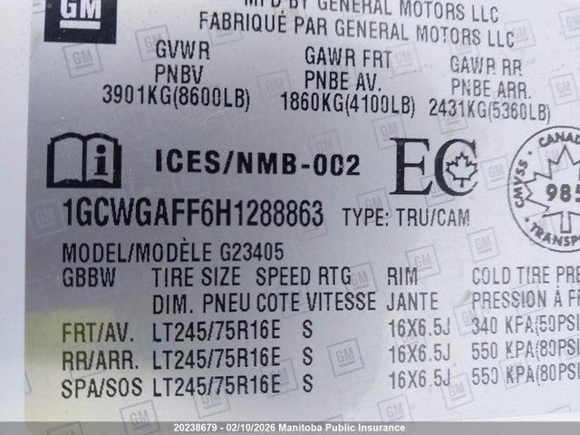 1GCWGAFF6H1288863 Chevrolet Express 2500 Cargo Van
