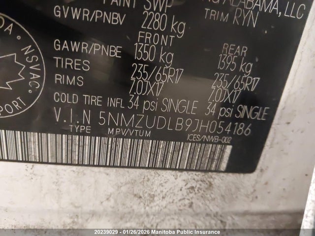 5NMZUDLB9JH054186 Hyundai SANTA FE SPORT