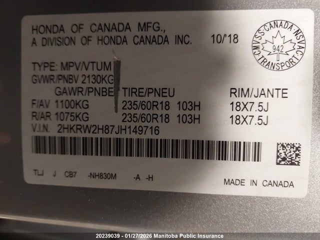 2HKRW2H87JH149716 Honda Cr-v Ex-l