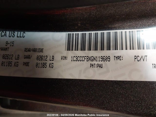 20239106 :رقم المزاد ، 1C3CCCFBXGN119609 vin ، 2016 Chrysler 200 Lx مزاد بيع