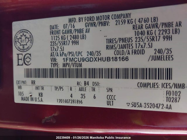 1FMCU9GDXHUB18166 Ford ESCAPE SE