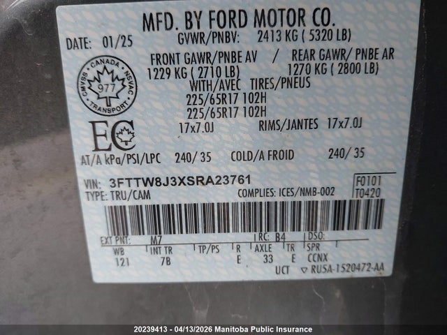 3FTTW8J3XSRA23761 Ford Maverick Xlt Hev Supercrew