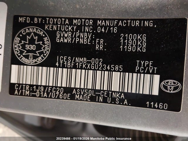 Toyota 2ar-fe 2016 4T1BF1FKXGU234585 Image 9