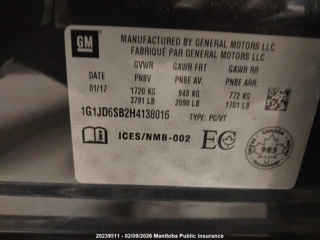 1G1JD6SB2H4138016 Chevrolet SONIC LT