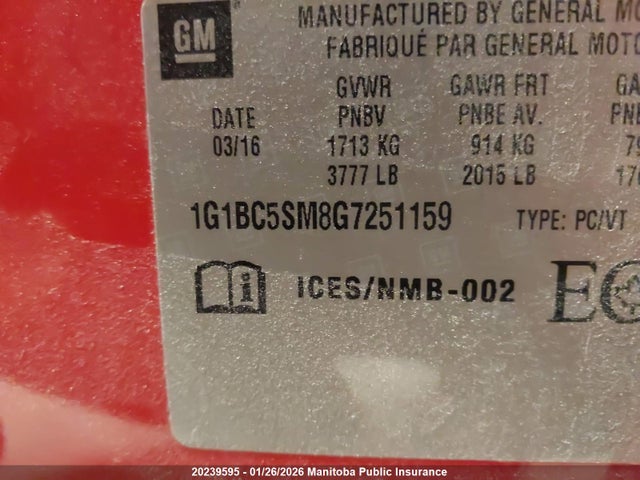 1G1BC5SM8G7251159 Chevrolet Cruze Ls Turbo