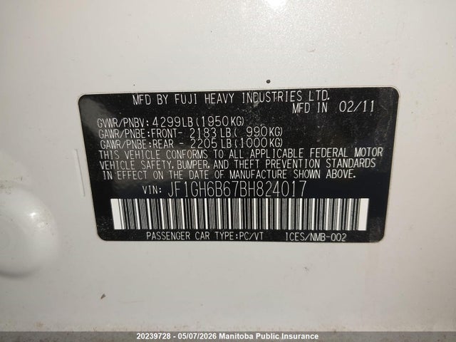 20239728 :رقم المزاد ، JF1GH6B67BH824017 vin ، 2011 Subaru Impreza 2.5i مزاد بيع