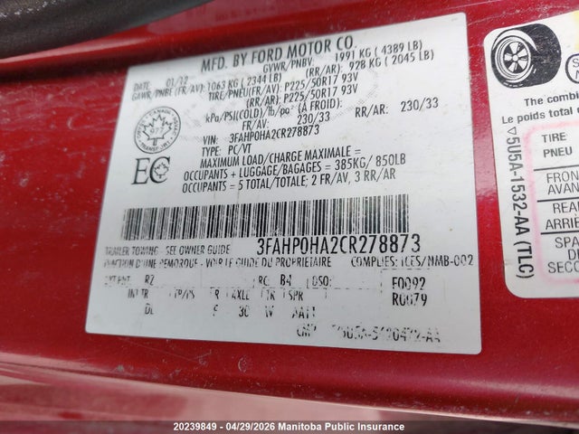 2012 Ford Fusion Se მანქანა იყიდება აუქციონზე, vin: 3FAHP0HA2CR278873, აუქციონის ნომერი: 20239849
