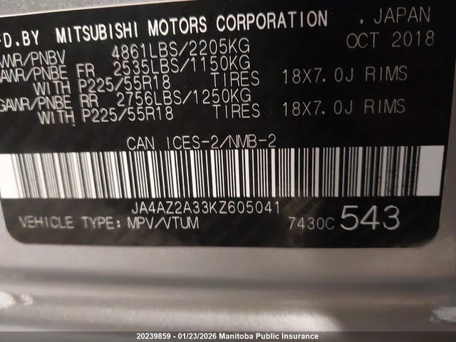 Mitsubishi Outlander Es 2019 JA4AZ2A33KZ605041 Image 9