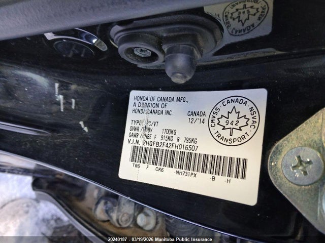 Aukcja sprzedaży 2015 Honda Civic Lx, vin: 2HGFB2F42FH016507, numer aukcji: 20240187
