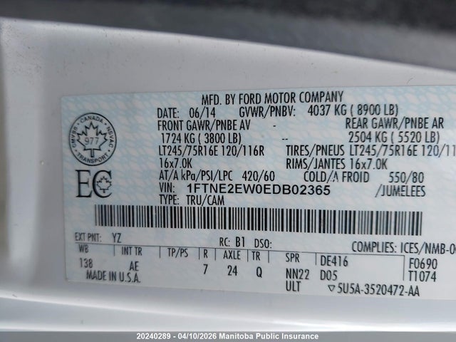 Продаж на аукціоні авто 2014 Ford E250 Econoline Cargo, vin: 1FTNE2EW0EDB02365, номер лоту: 20240289