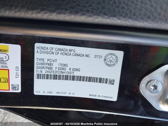Aukcja sprzedaży 2022 Honda Civic Lx, vin: 2HGFE2F23NH105975, numer aukcji: 20240307