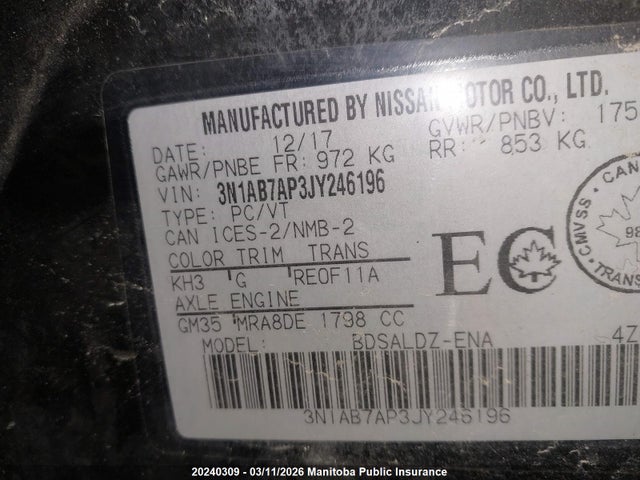 20240309 :رقم المزاد ، 3N1AB7AP3JY246196 vin ، 2018 Nissan Sentra 1.8 Sv مزاد بيع
