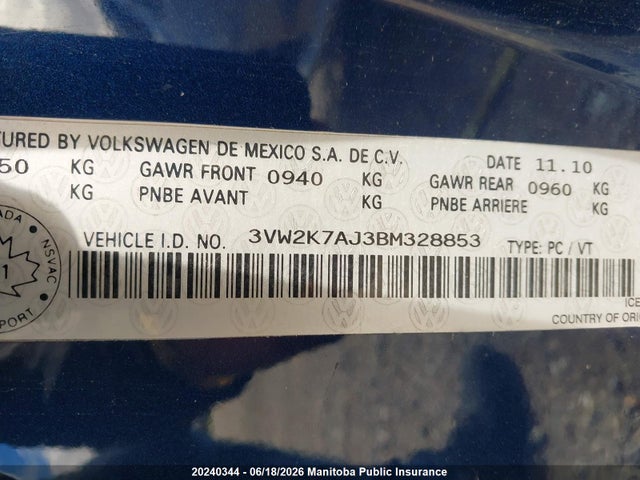 Продаж на аукціоні авто 2011 Volkswagen Jetta 2.0, vin: 3VW2K7AJ3BM328853, номер лоту: 20240344