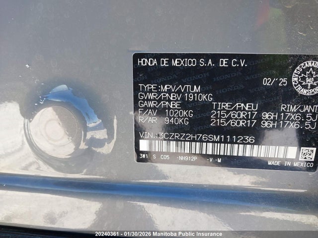 3CZRZ2H76SM111236 Honda Hr-v Ex-l