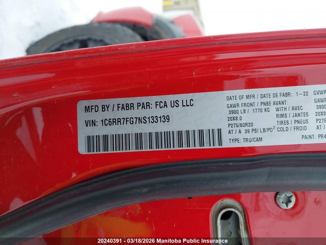 1C6RR7FG7NS133139 Dodge Ram 1500 Tradesman Quad Cab