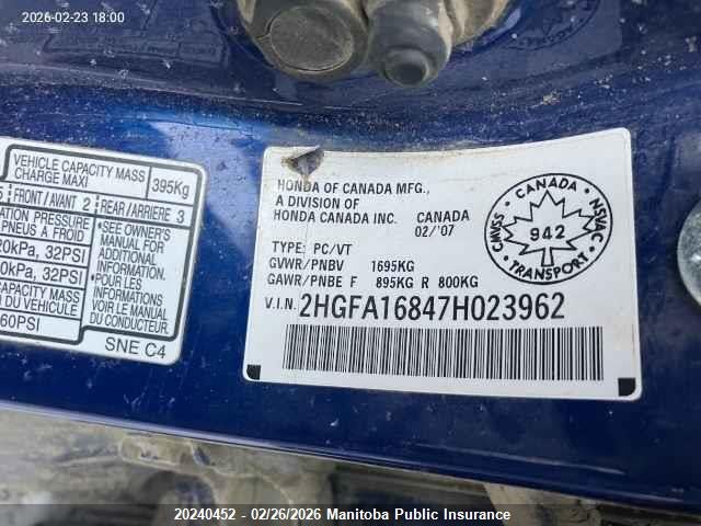 20240452 :رقم المزاد ، 2HGFA16847H023962 vin ، 2007 Honda Civic Ex مزاد بيع