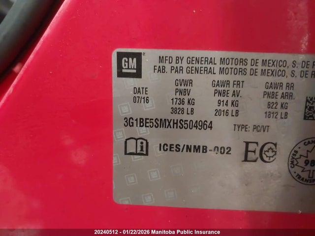 3G1BE5SMXHS504964 Chevrolet Cruze Lt Turbo