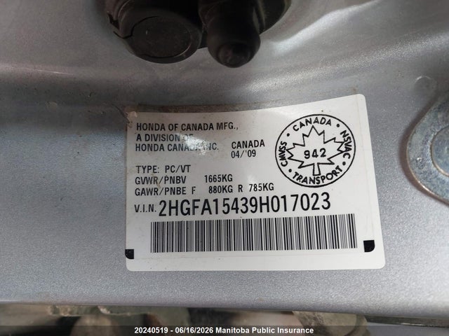 Aukcja sprzedaży 2009 Honda Civic Dx-g, vin: 2HGFA15439H017023, numer aukcji: 20240519