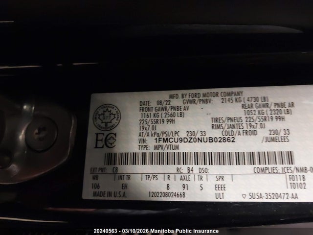 1FMCU9DZ0NUB02862 Ford Escape Titanium Hybrid