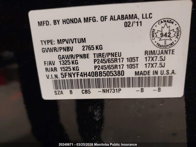 Продажа на аукционе авто 2011 Honda Pilot Ex, vin: 5FNYF4H40BB505380, номер лота: 20240671