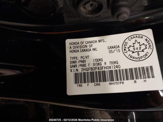 Aukcja sprzedaży 2015 Honda Civic Lx, vin: 2HGFB2F43FH041240, numer aukcji: 20240725