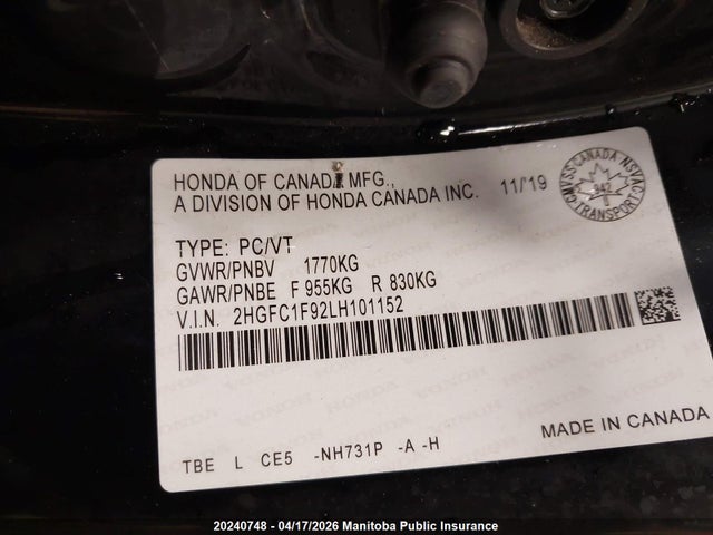 Aukcja sprzedaży 2020 Honda Civic Touring, vin: 2HGFC1F92LH101152, numer aukcji: 20240748