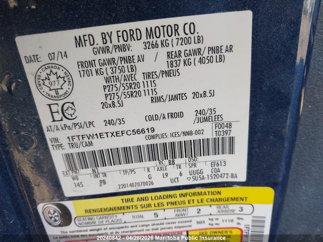 2014 Ford F150 Xlt Supercrew მანქანა იყიდება აუქციონზე, vin: 1FTFW1ETXEFC56619, აუქციონის ნომერი: 20240842