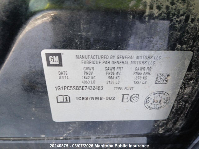 Продажа на аукционе авто 2014 Chevrolet Cruze Lt Turbo, vin: 1G1PC5SB5E7432463, номер лота: 20240875