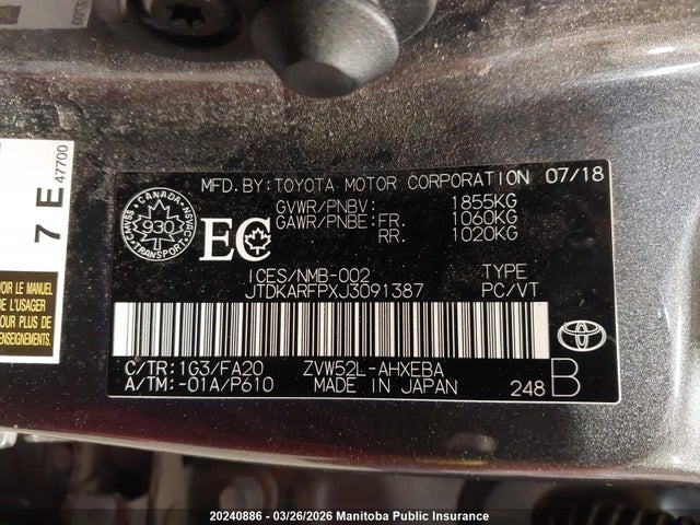 20240886 :رقم المزاد ، JTDKARFPXJ3091387 vin ، 2018 Toyota Prius Prime مزاد بيع