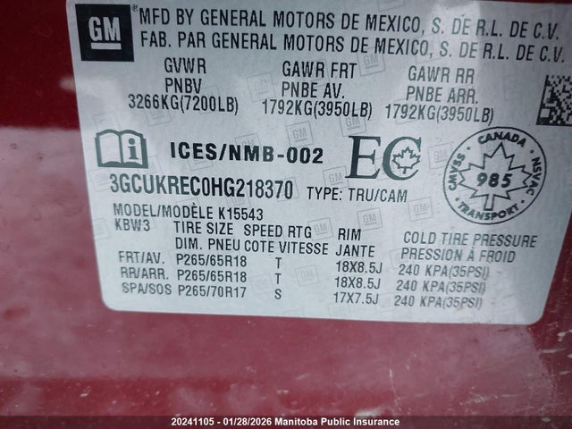 3GCUKREC0HG218370 Chevrolet Silverado 1500 Lt Crew Cab