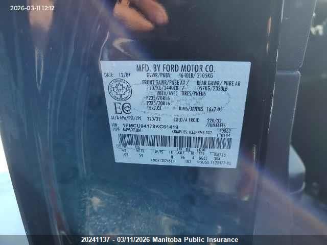 Продажа на аукционе авто 2008 Ford Escape Limited V6, vin: 1FMCU94178KC61419, номер лота: 20241137