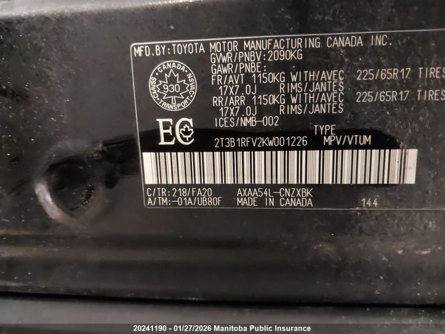 20241190 :رقم المزاد ، 2T3B1RFV2KW001226 vin ، 2019 Toyota Rav4 Le مزاد بيع