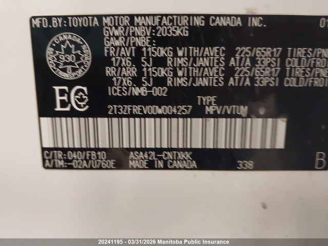 20241195 :رقم المزاد ، 2T3ZFREV0DW004257 vin ، 2013 Toyota Rav4 Le مزاد بيع