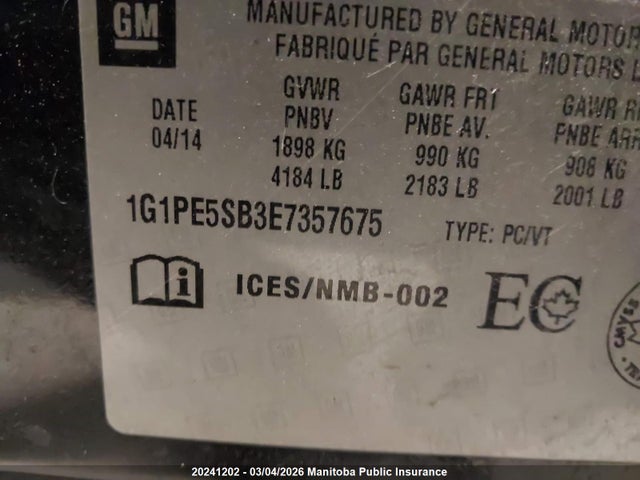 1G1PE5SB3E7357675 Chevrolet Cruze Lt Turbo